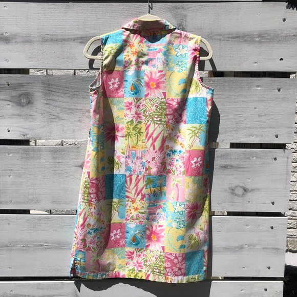 Vintage Palm Lily Cottagecore Sleeveless Boho Patchwork Button Front Shirt Dress - Picture 11 of 16